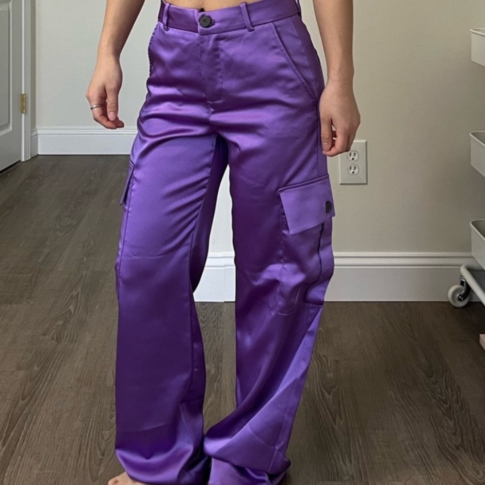 ZARA Purple Satin Cargo Lightweight Trousers Size XS NWTS